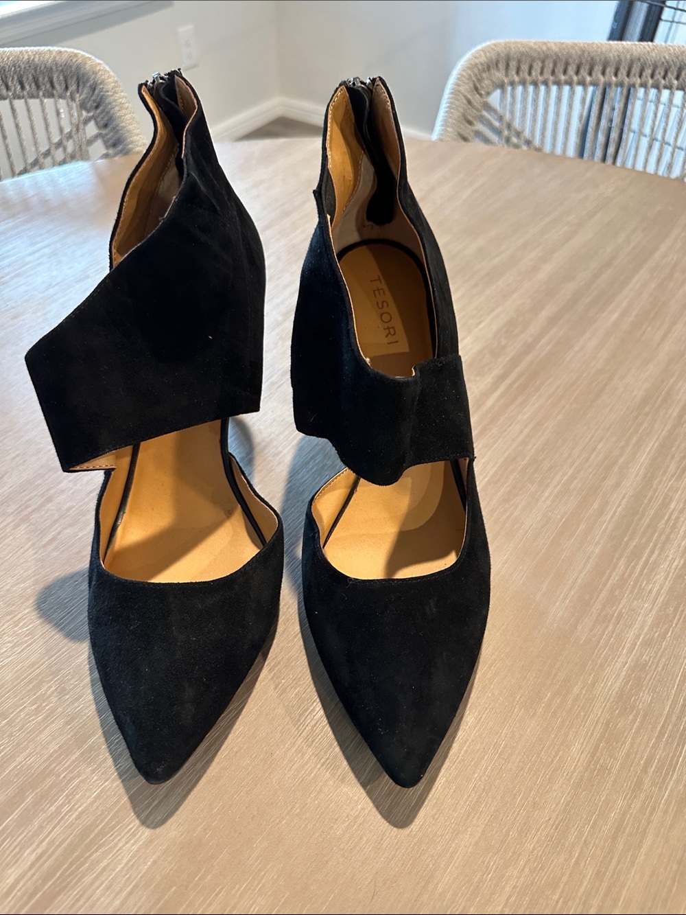 Tesori Black Suede Pointed Toe Cutout Ankle Strap Pumps